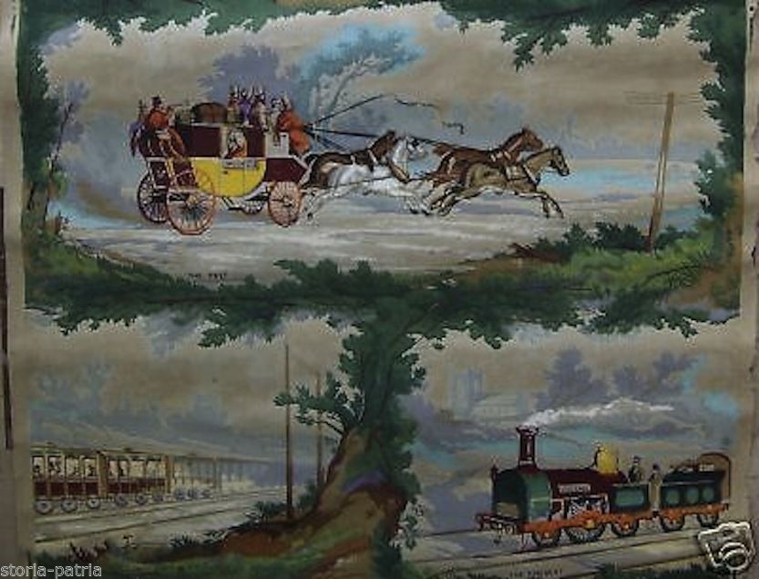 Antica Carta Da Parati Trasporti Vittoriani: Treno E Carrozza, Fine '800