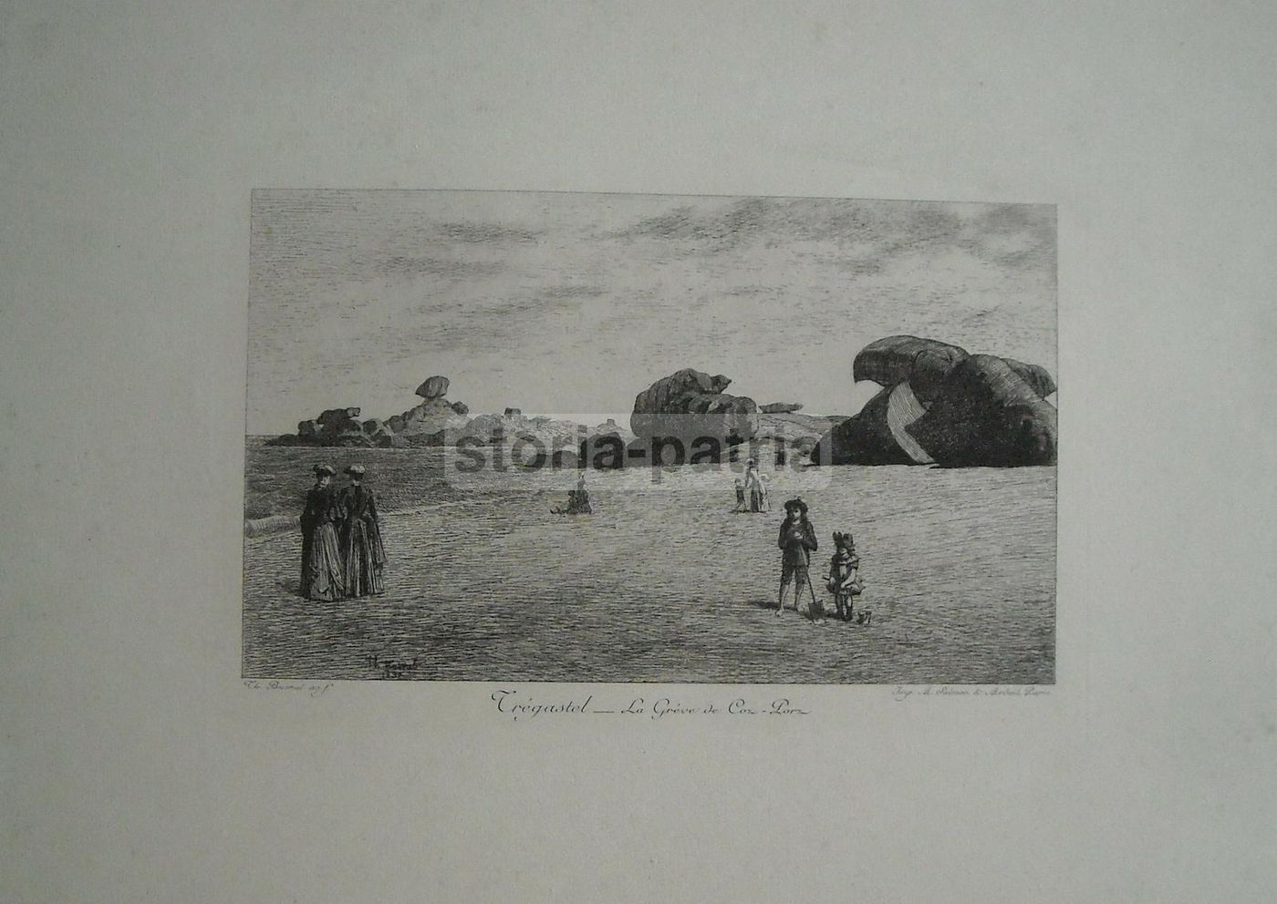 Tregastel: La Grève De Coz Porz. Acquaforte Antica Di Th. Busnel, Fine '800