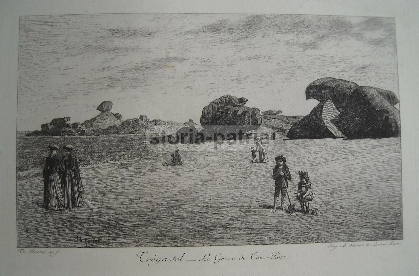 Tregastel: La Grève De Coz Porz. Acquaforte Antica Di Th. Busnel, Fine '800