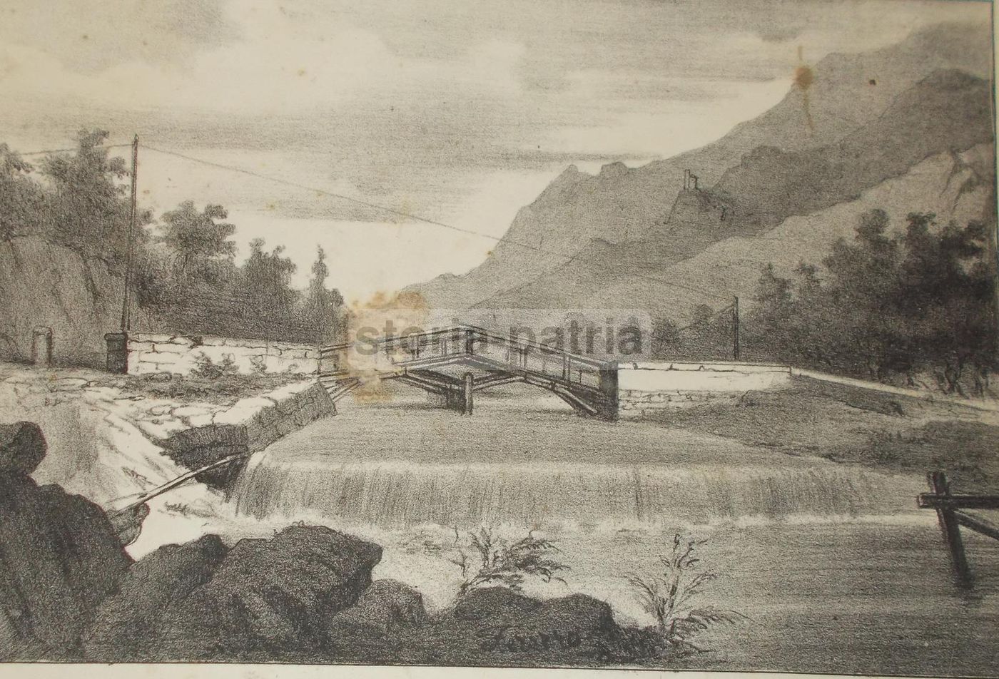 Ponte Di Cimego Sopra Il Fiume Chiese (Trentino). Litografia Antica, XIX Secolo