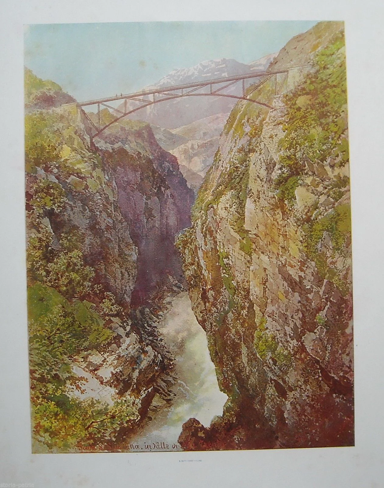 Stampa Antica: Ponte di Santa Giustina, Val di Non, Trento. Carlo Ferrario.