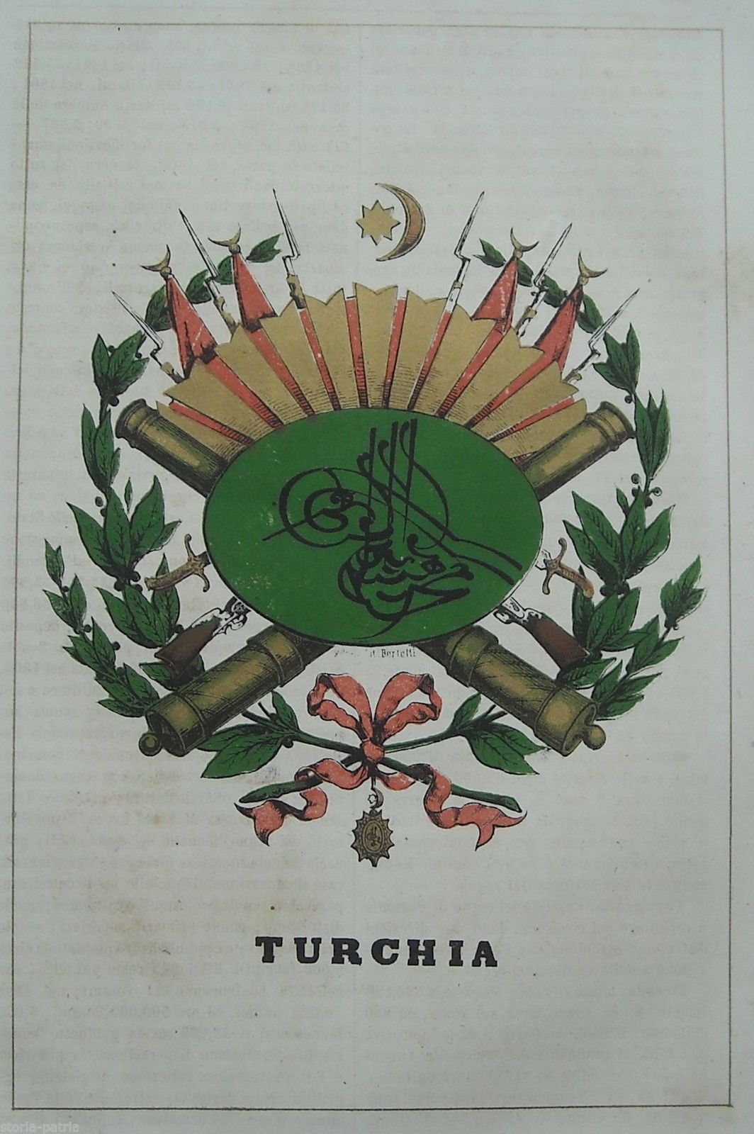 Litografia Antica Stemma Araldico Turchia '800 Bertotti Milano