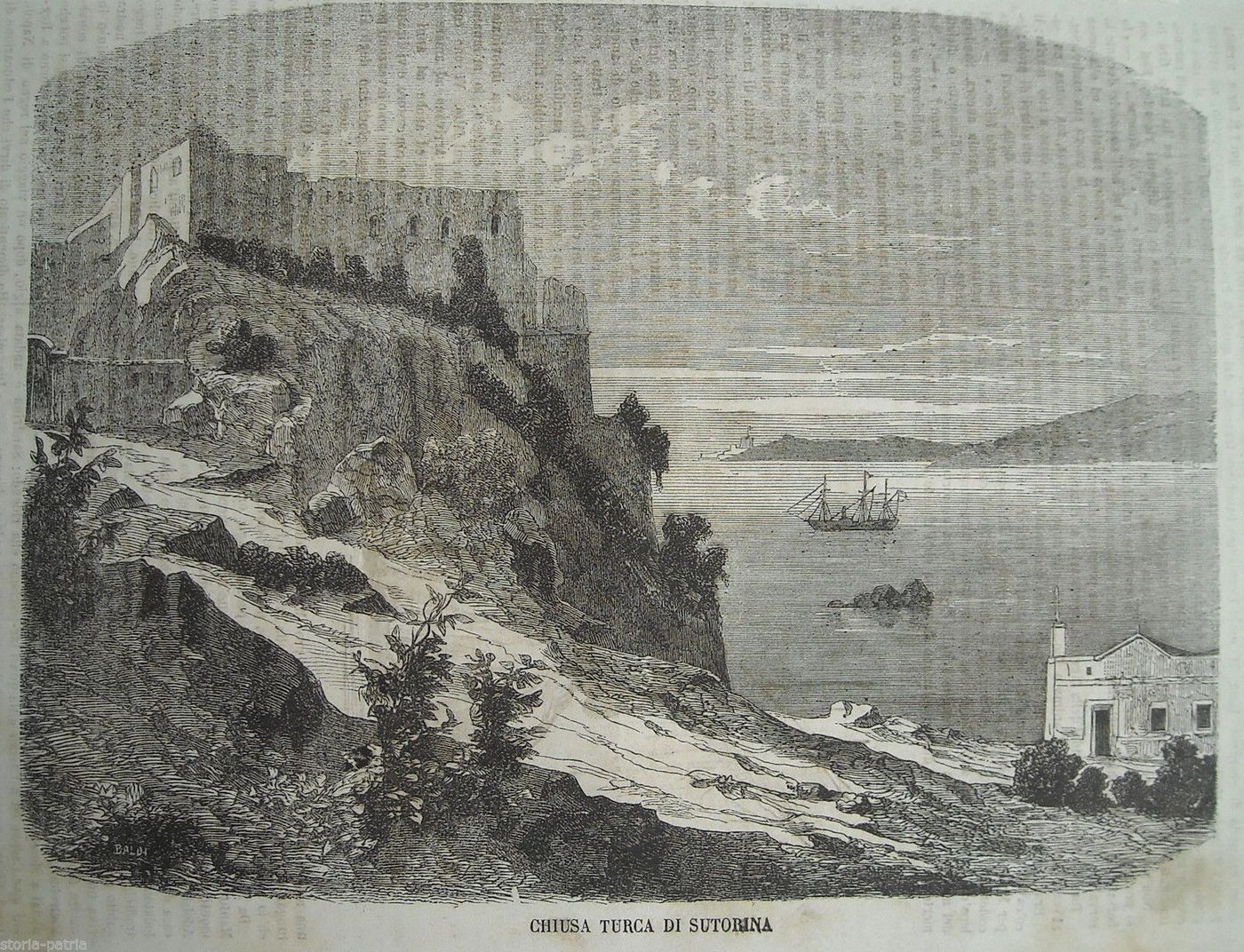 Chiesa Turca Di Sutorina: Stampa Xilografica Antica 1860 Originale