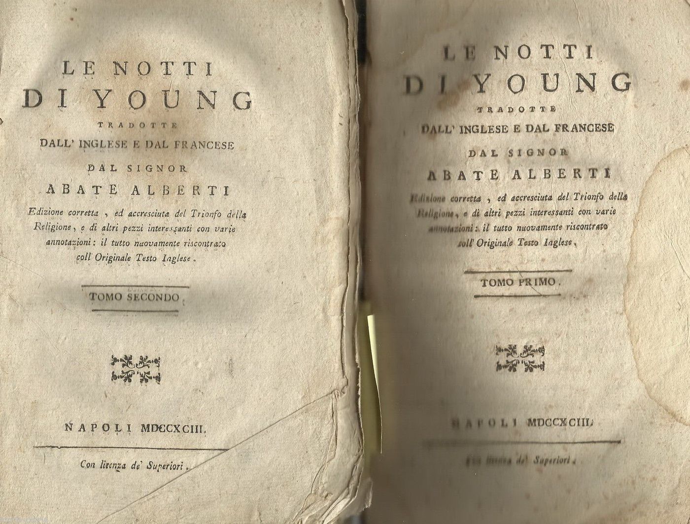 Le Notti Di Young, Abate Alberti, Napoli, 1793. Edizione Antica Rara