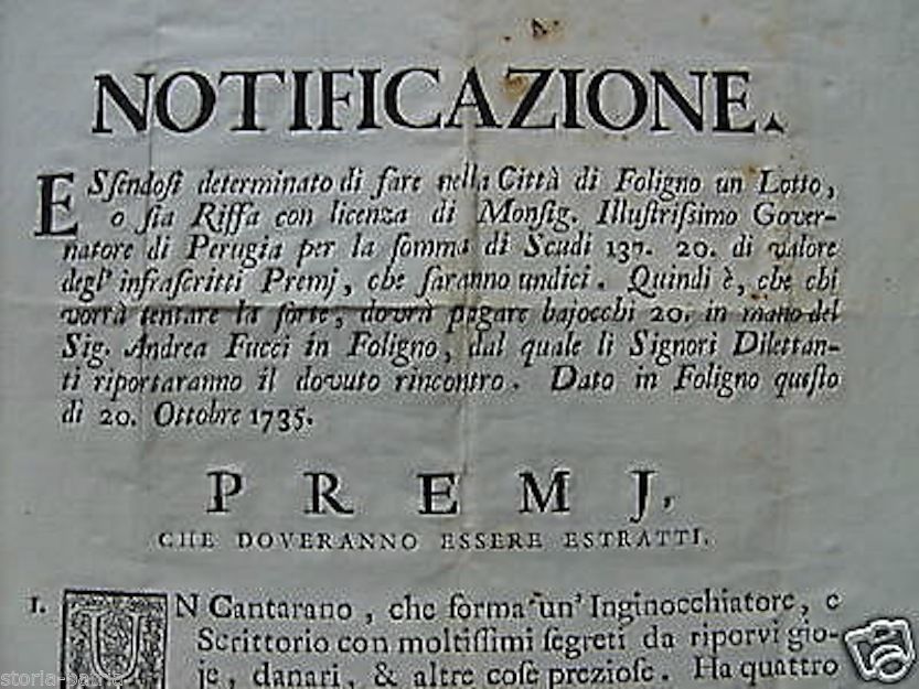 Lotteria Foligno 1735, Foglio Volante Stampato Pompeo Campana