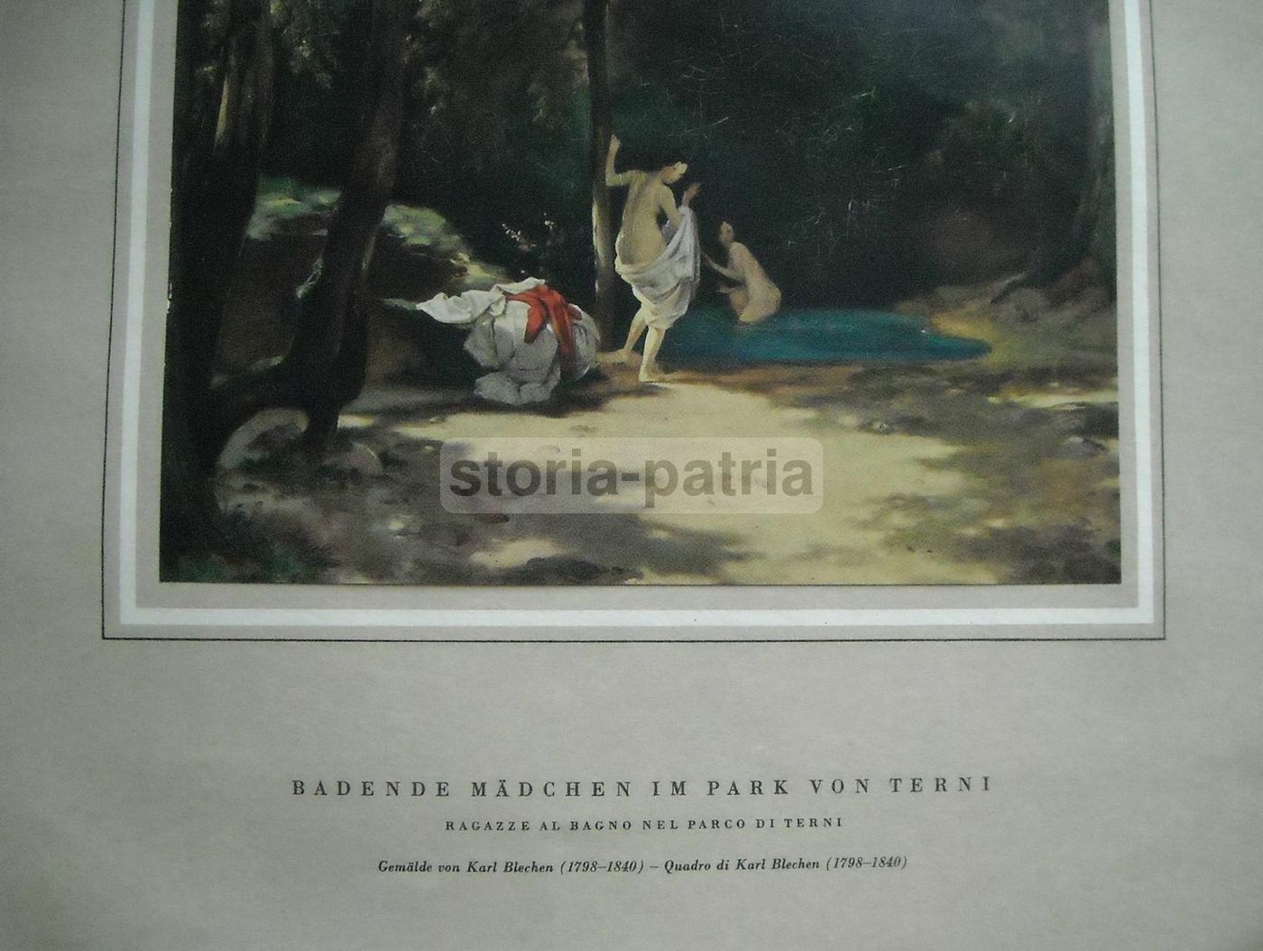 Stampa Antica: Parco Di Terni Con Ragazze Al Bagno (Karl Blechen)