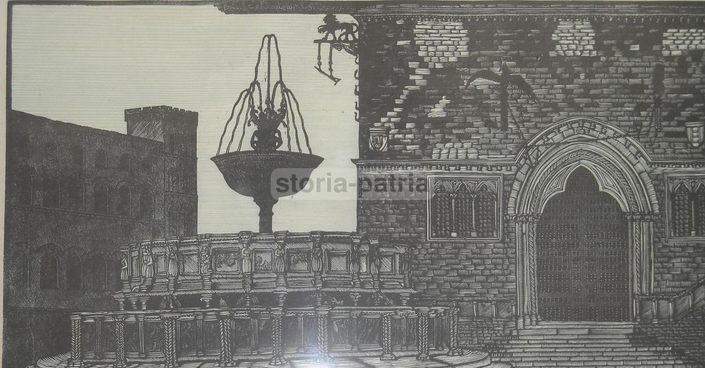 Xilografia Fontana Maggiore Perugia Di Bruno Da Osimo, Anni '30