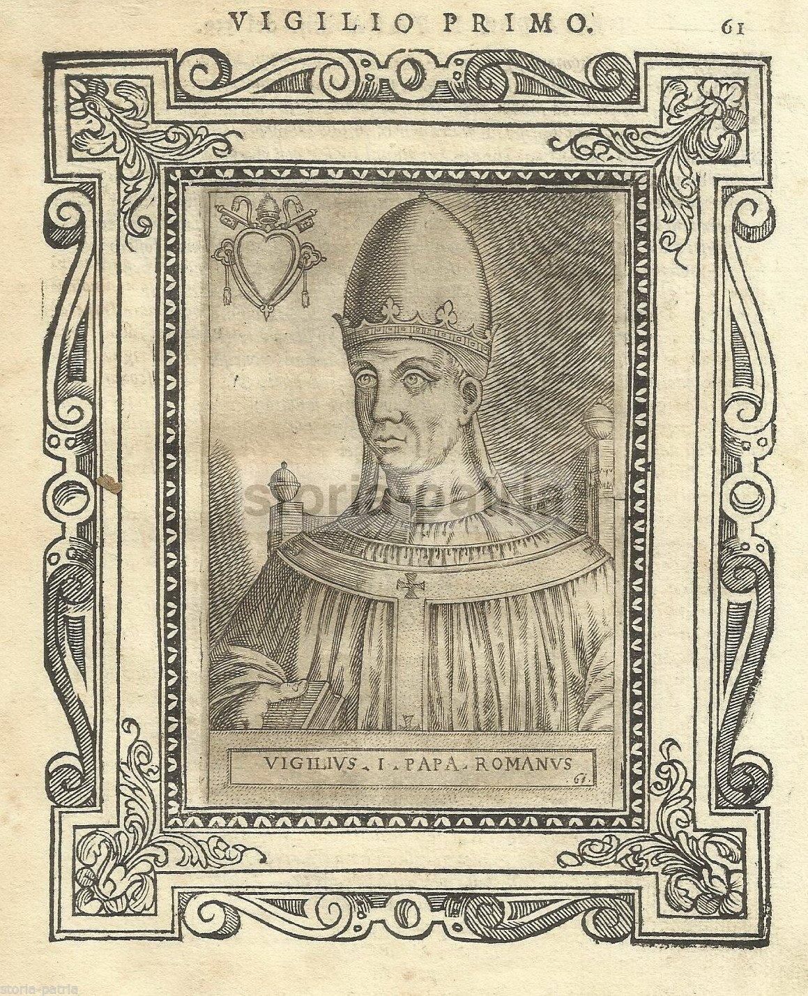 Papa Vigilio I: Ritratto Antico, Incisione Originale Del XVI Secolo