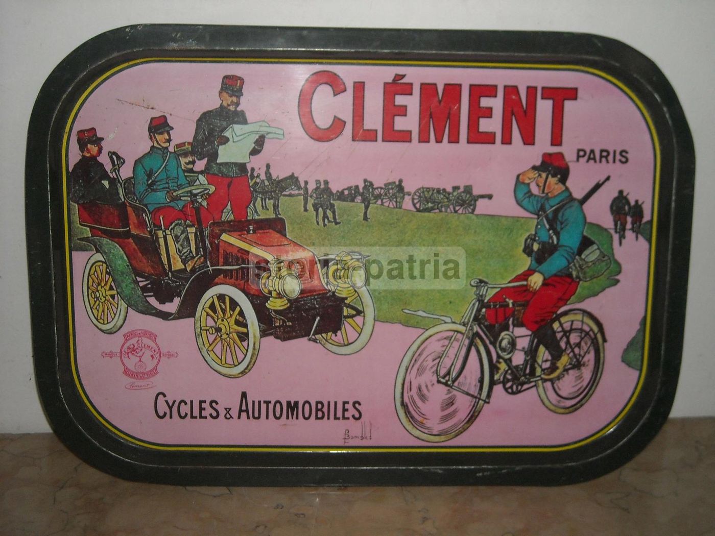 Vassoio Pubblicitario Clement Cycles Automobiles Con Scena Militare