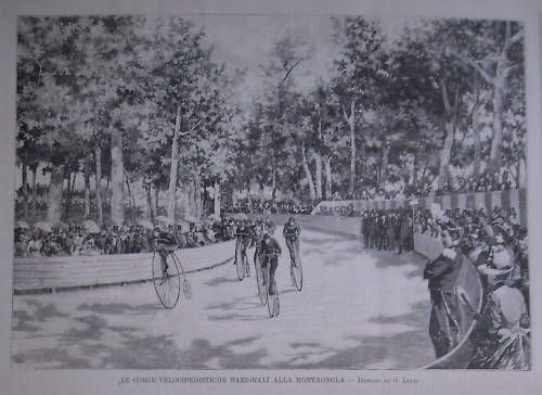 Stampa Antica Gara Ciclistica Montagnola, Bologna 1888. Disegno Di G. Lolli