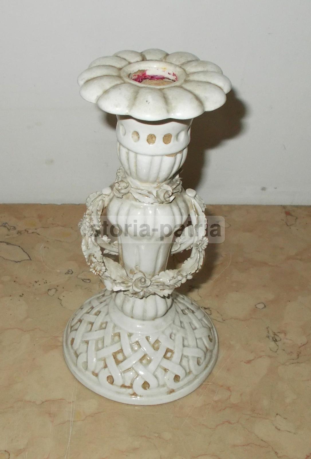 Candeliere Bassano Antica In Ceramica Bianca Con Decorazioni Floreali