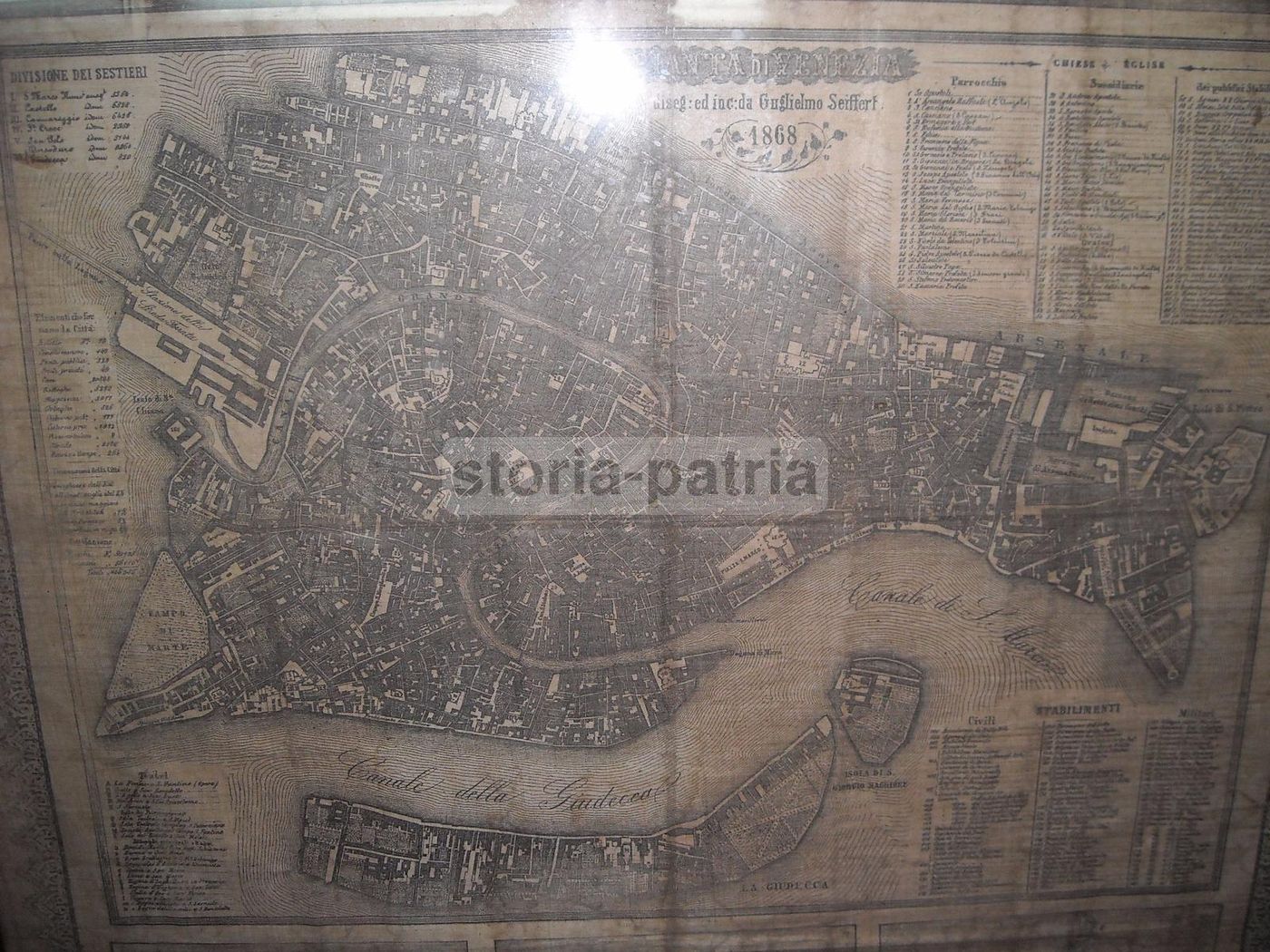 Mappa Antica Venezia 1868 Seiffert Su Tessuto: Sestieri E Chiese
