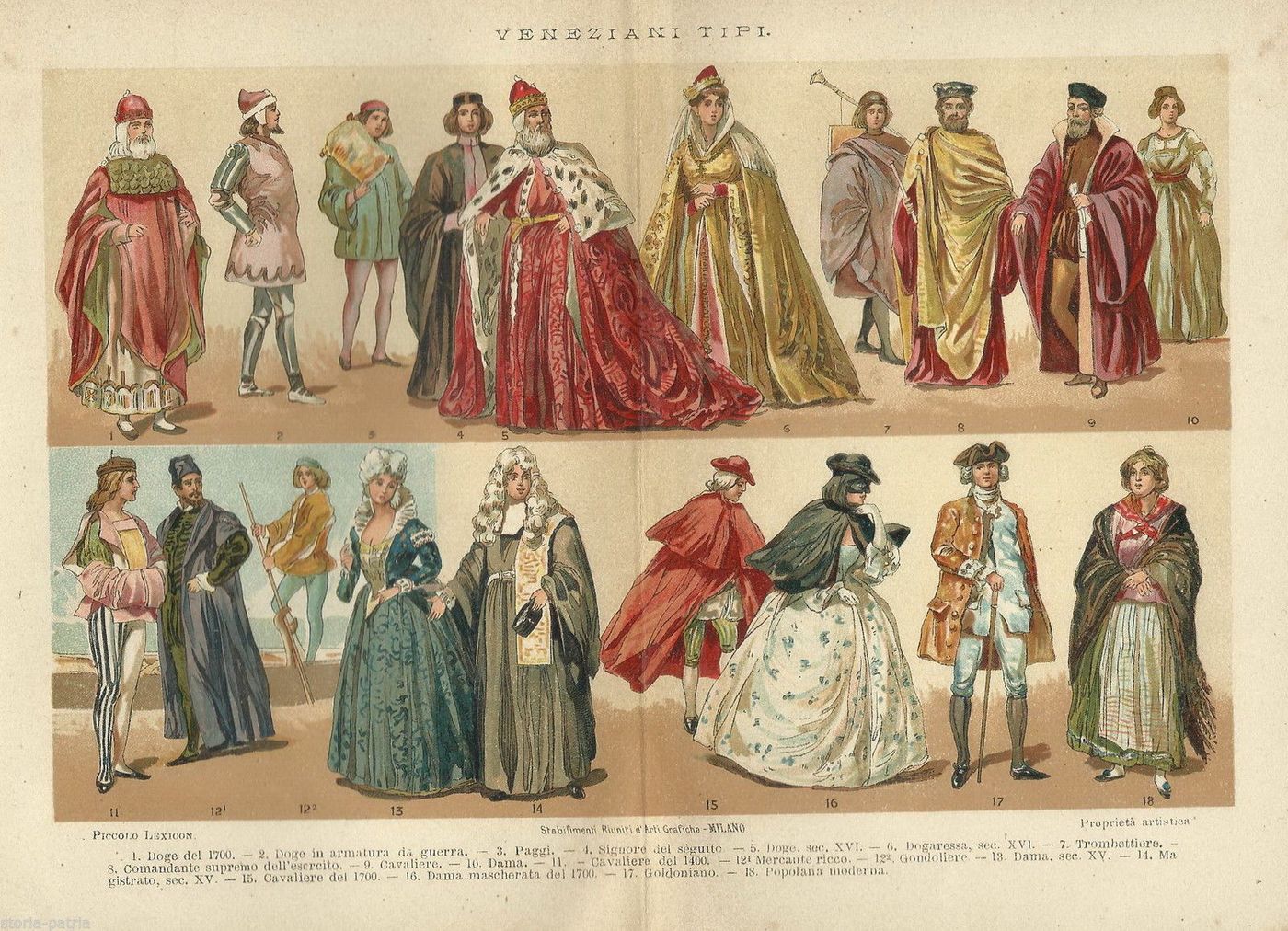 Stampa Antica Costumi Veneziani: Doge, Gondoliere, Dame (1900)