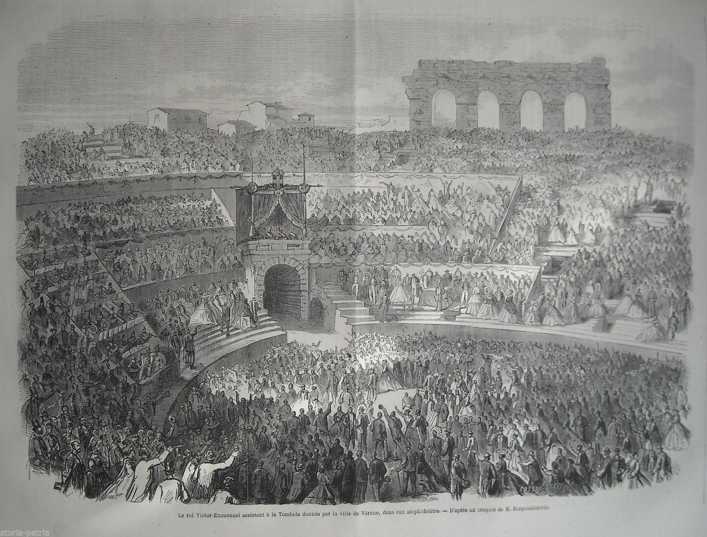 Arena Di Verona 1866: Re Vittorio Emanuele Alla Tombola. Xilografia Antica