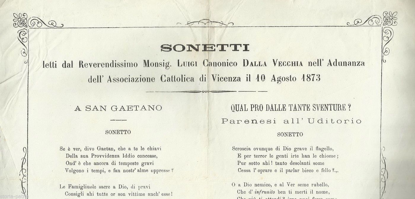 Sonetti Per San Gaetano, Luigi Dalla Vecchia, Vicenza 1873. Foglio Volante.