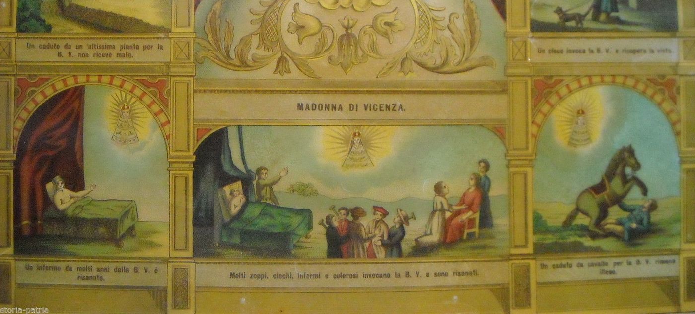 Stampa Antica Madonna Di Vicenza Con Miracoli, Cromolitografia, 1900
