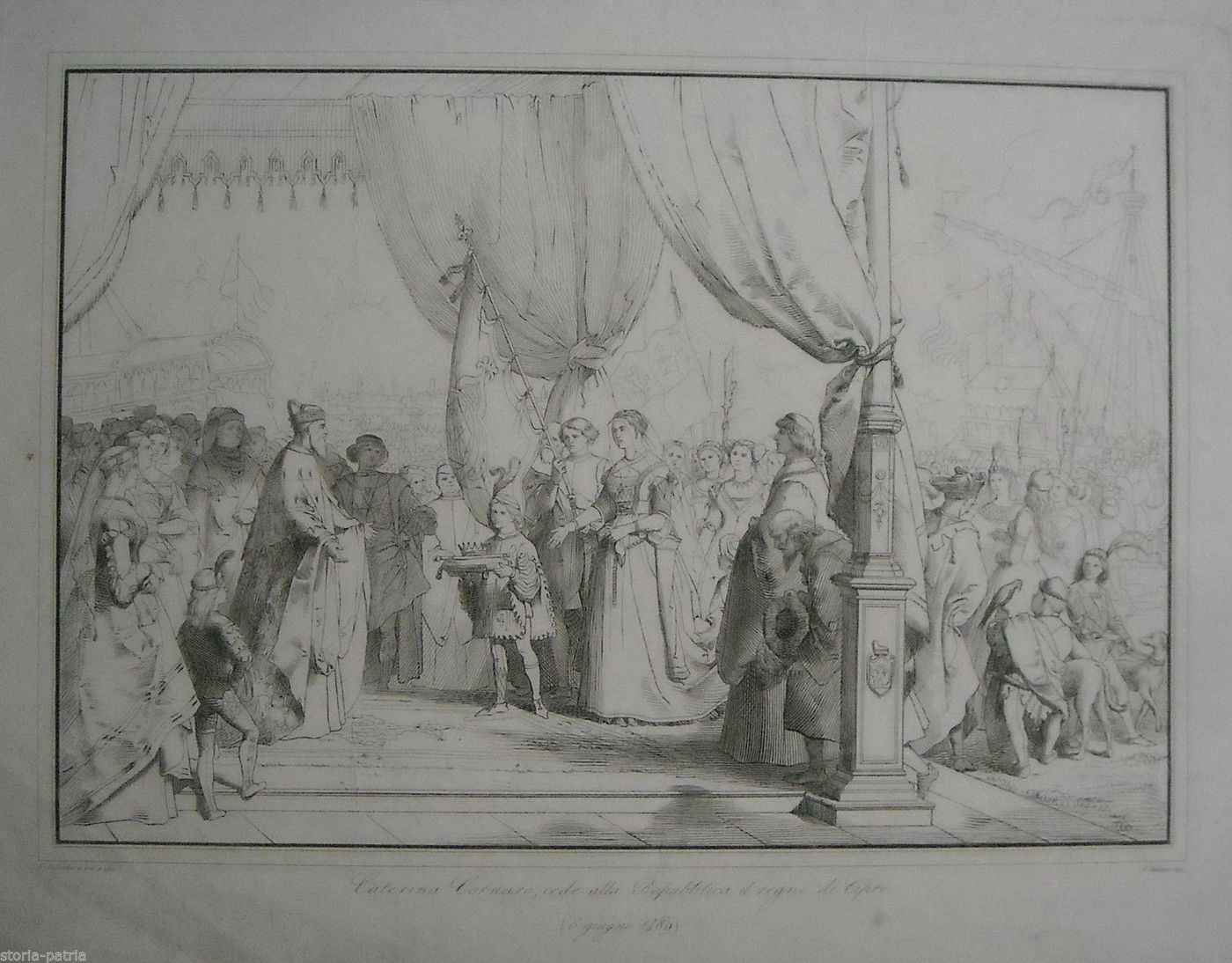 Incisione Antica Caterina Cornaro Cede Cipro A Venezia 1489