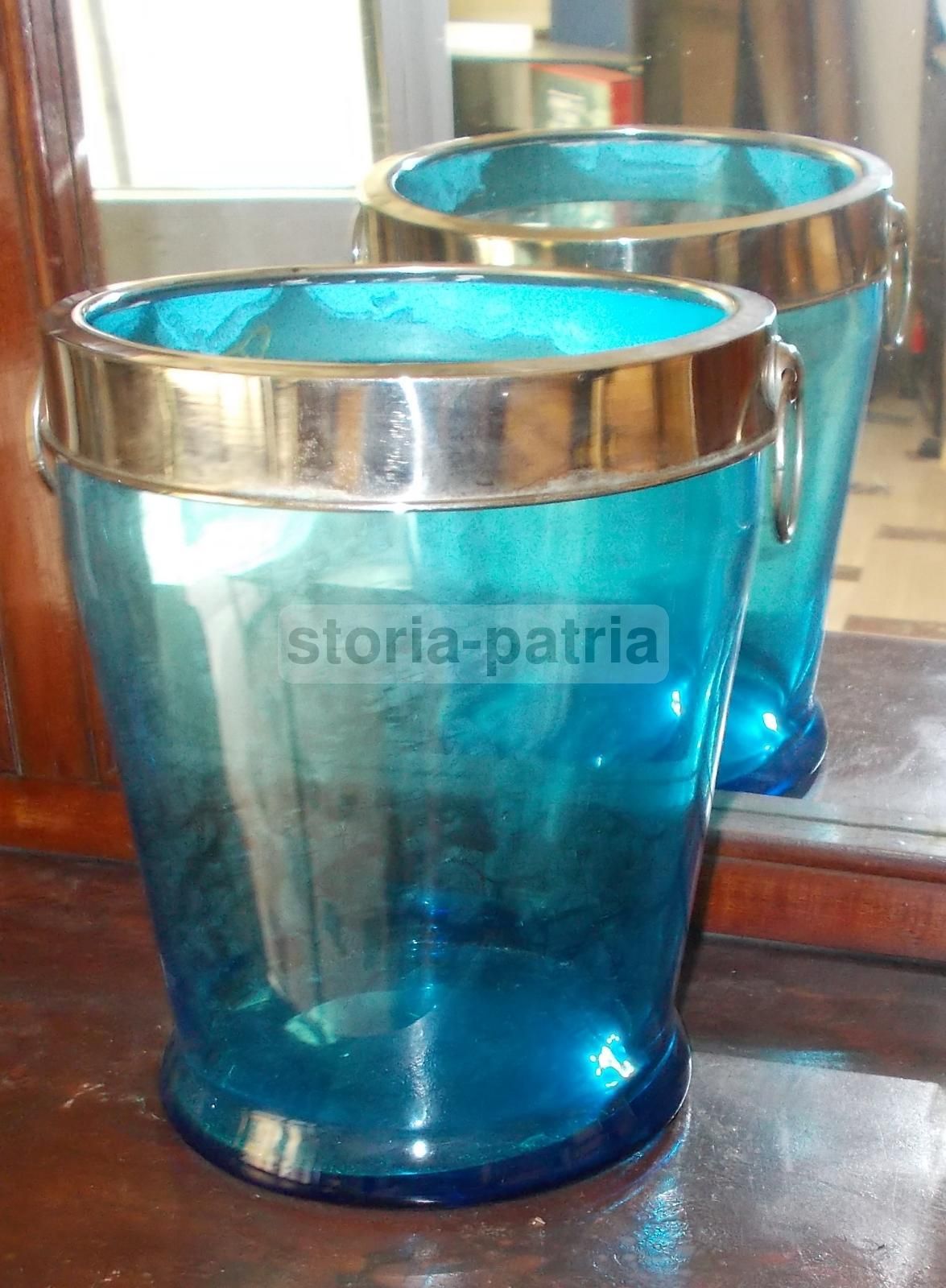 Vaso Secchiello Vetro Azzurro Con Manici Cromati Anni '30 '50