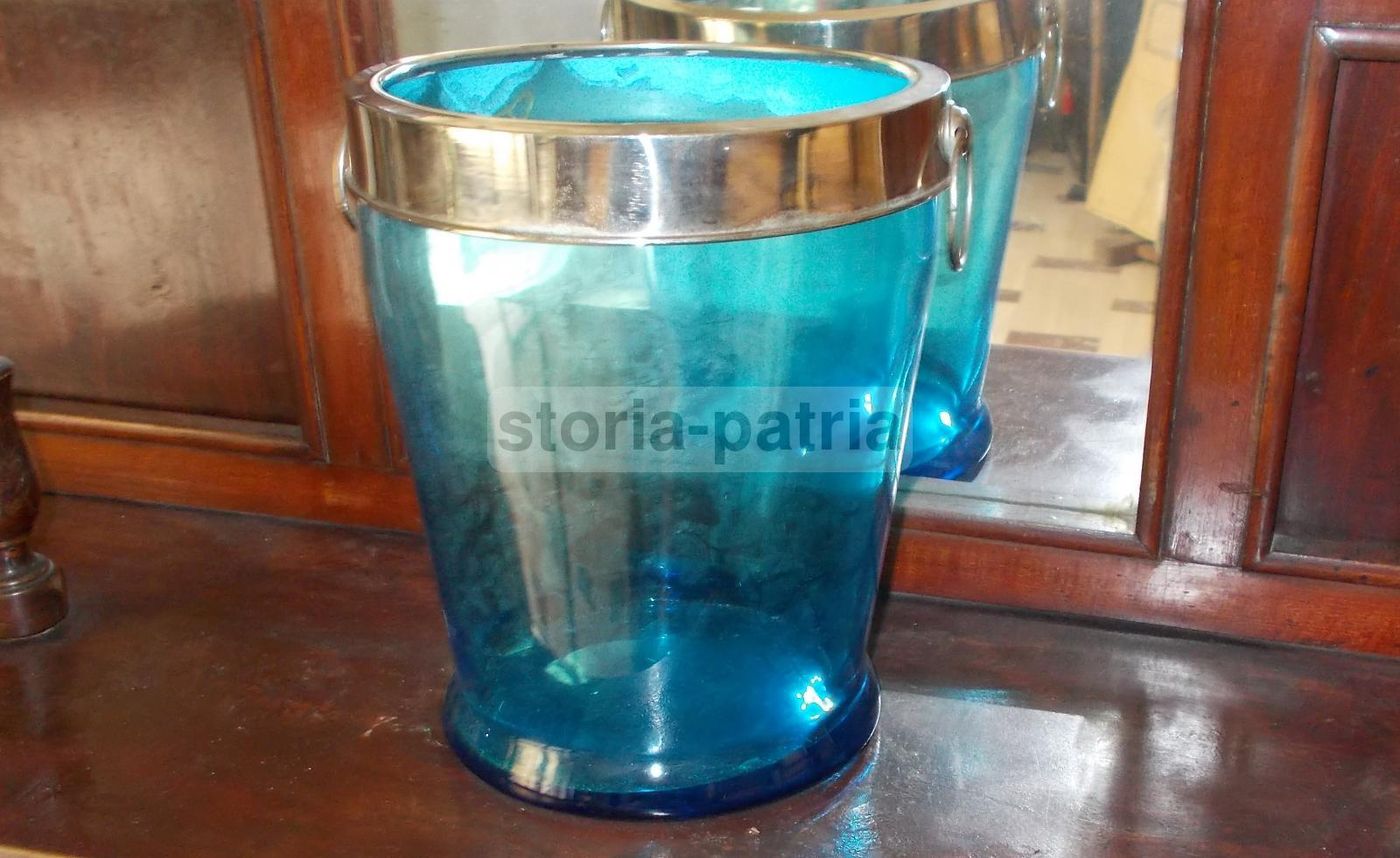 Vaso Secchiello Vetro Azzurro Con Manici Cromati Anni '30 '50