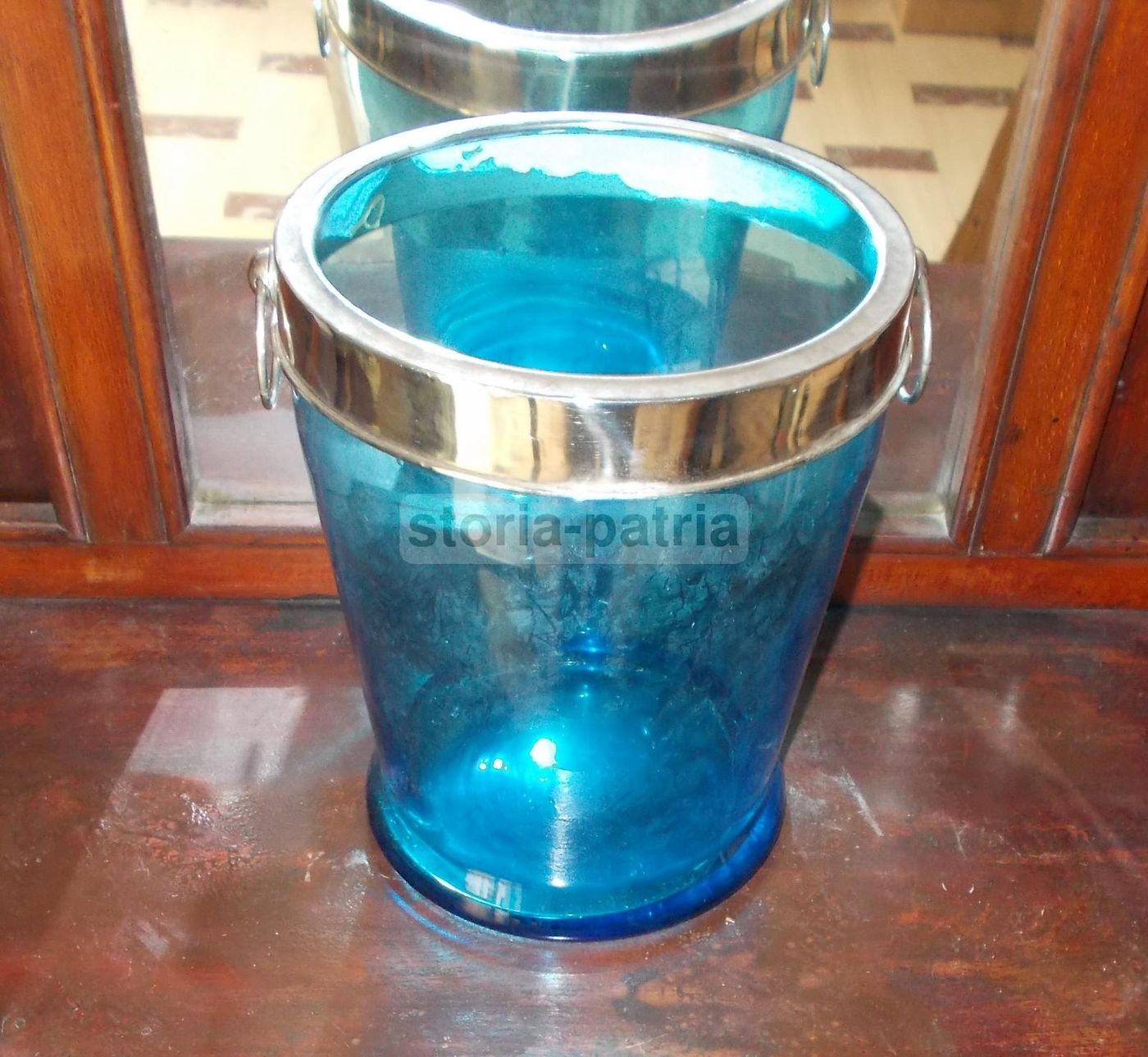 Vaso Secchiello Vetro Azzurro Con Manici Cromati Anni '30 '50