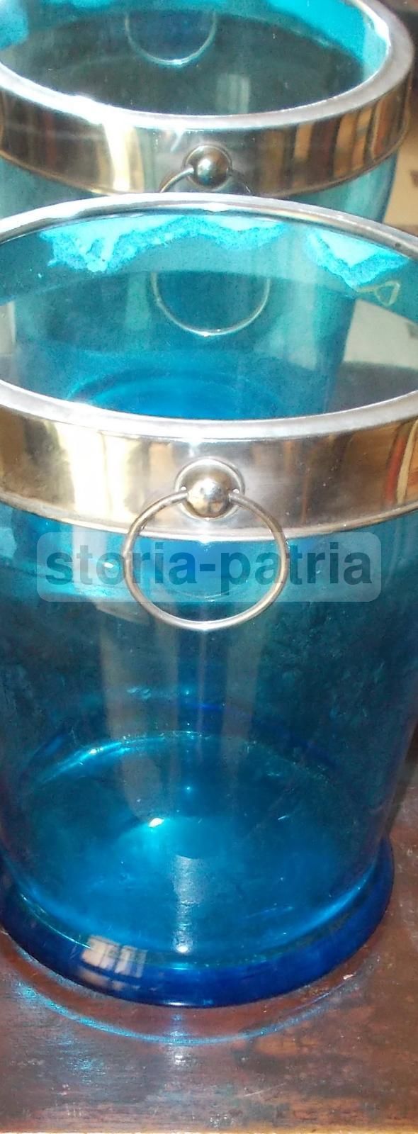 Vaso Secchiello Vetro Azzurro Con Manici Cromati Anni '30 '50