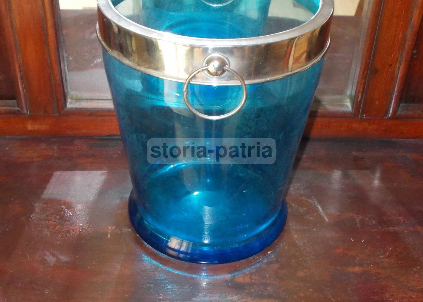 Vaso Secchiello Vetro Azzurro Con Manici Cromati Anni '30 '50