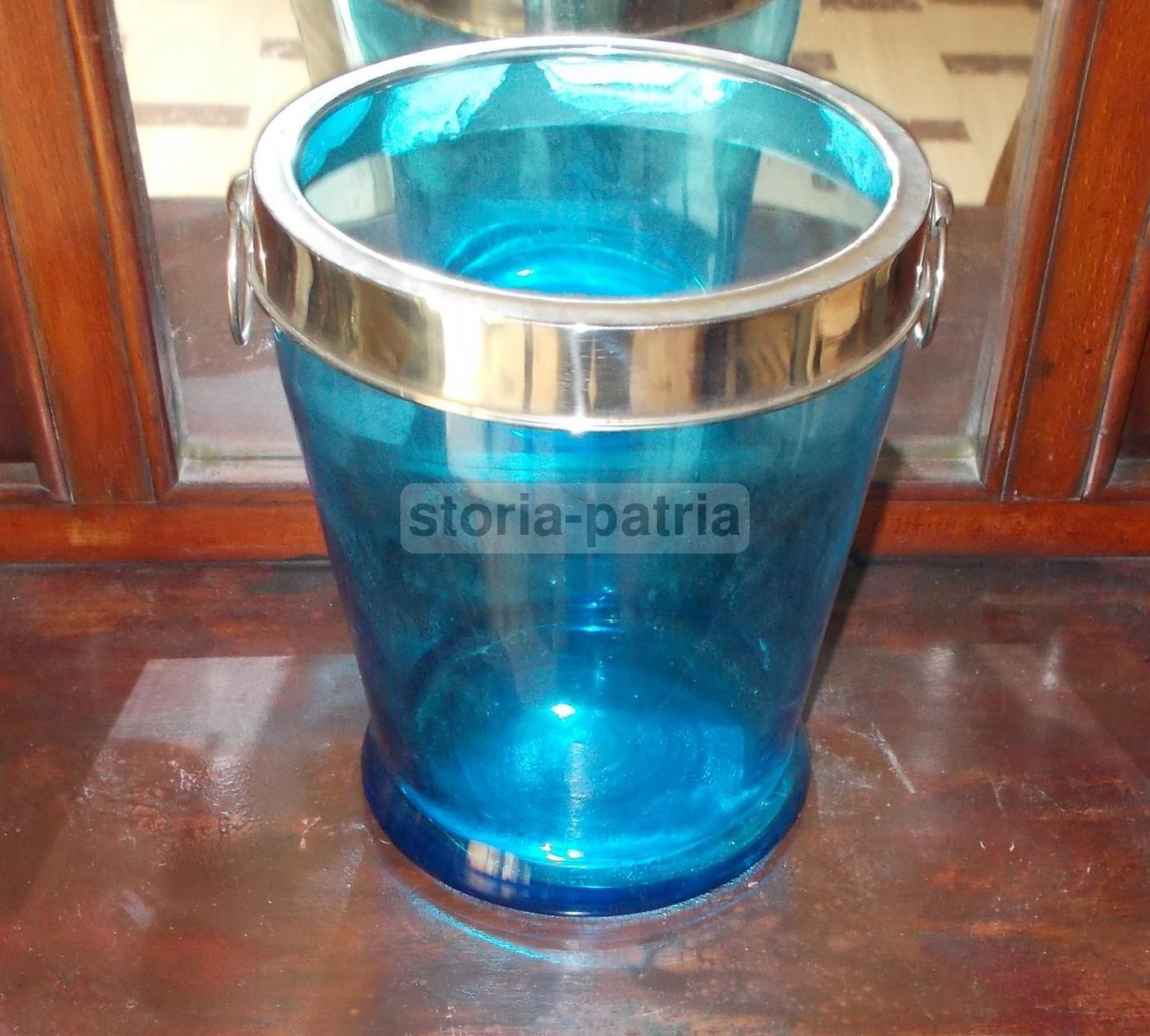 Vaso Secchiello Vetro Azzurro Con Manici Cromati Anni '30 '50