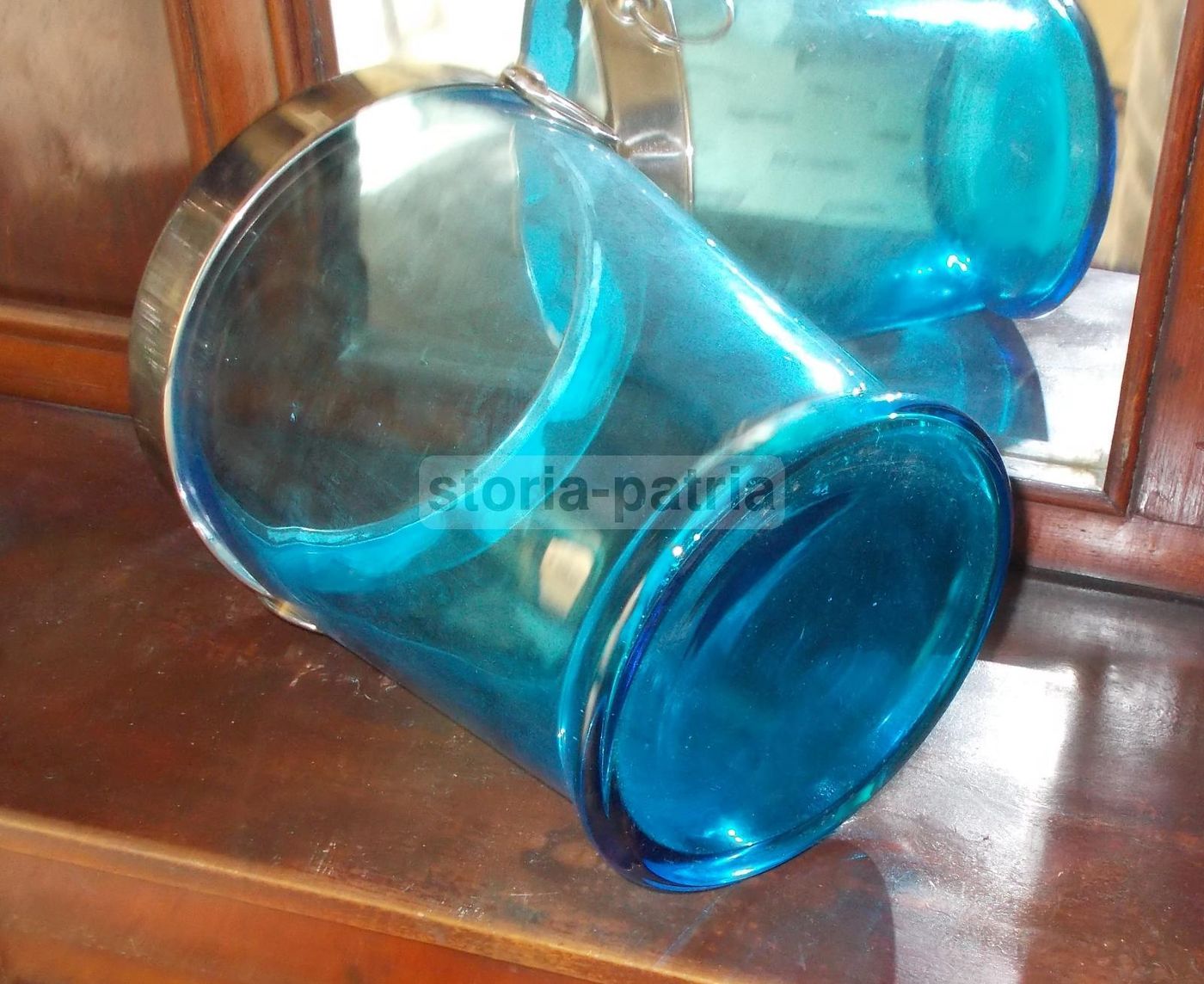 Vaso Secchiello Vetro Azzurro Con Manici Cromati Anni '30 '50