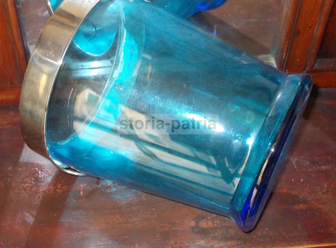 Vaso Secchiello Vetro Azzurro Con Manici Cromati Anni '30 '50