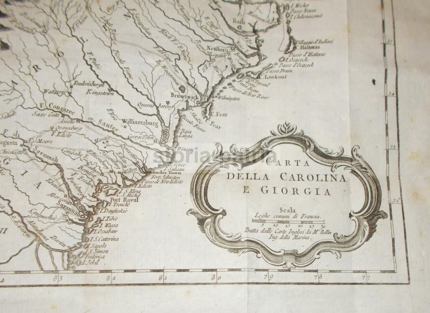 Mappa Antica Della Carolina E Della Georgia, Incisione Di Jacques Nicolas Bellin