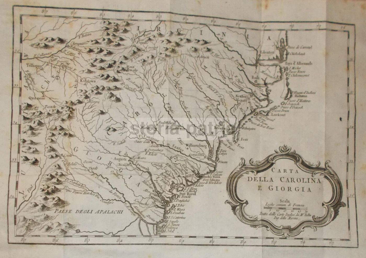Mappa Antica Della Carolina E Della Georgia, Incisione Di Jacques Nicolas Bellin