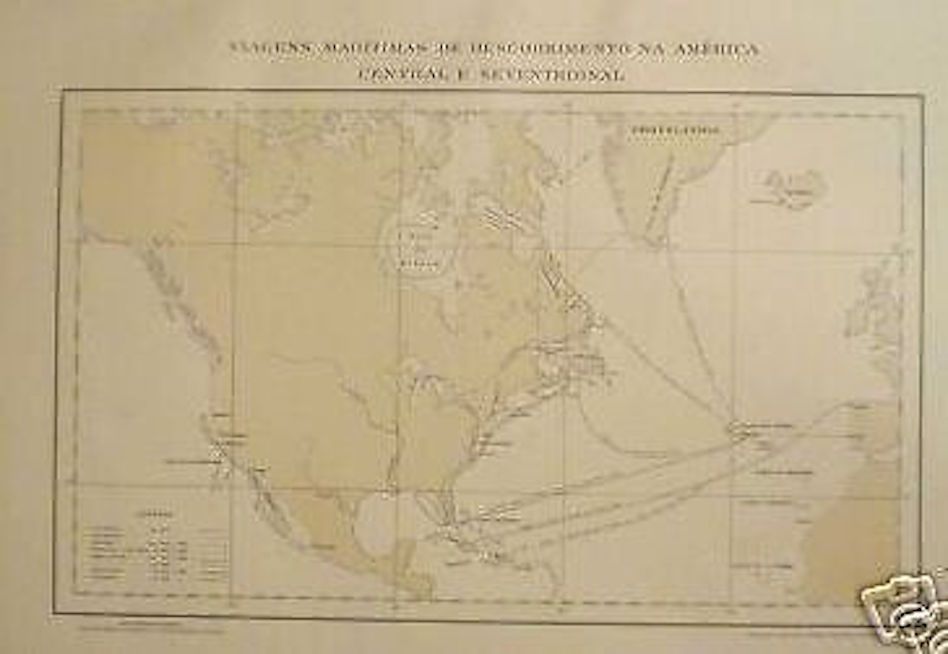Antica Mappa Dei Viaggi d'Esplorazione In America: Sanches, Coelho E Gomes