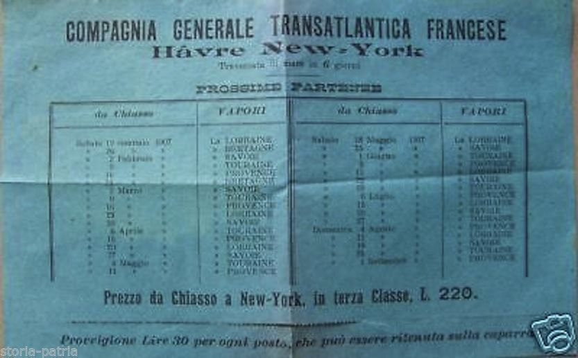 Volantino Navigazione Transatlantica Chiasso New York, 1907