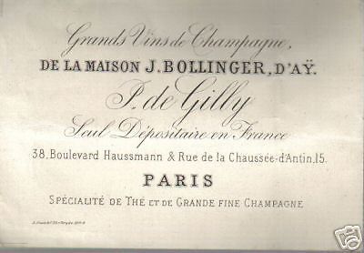 Cartoncino Pubblicitario Champagne Bollinger d'Ay, Primo '900
