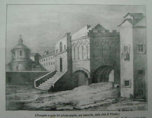 Palazzo Vescovile, Viterbo. Litografia Originale, G. Mariani, Metà XIX Secolo