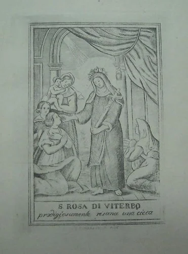 Santa Rosa da Viterbo: Miracolo della Cieca. Stampa Antica Devozionale