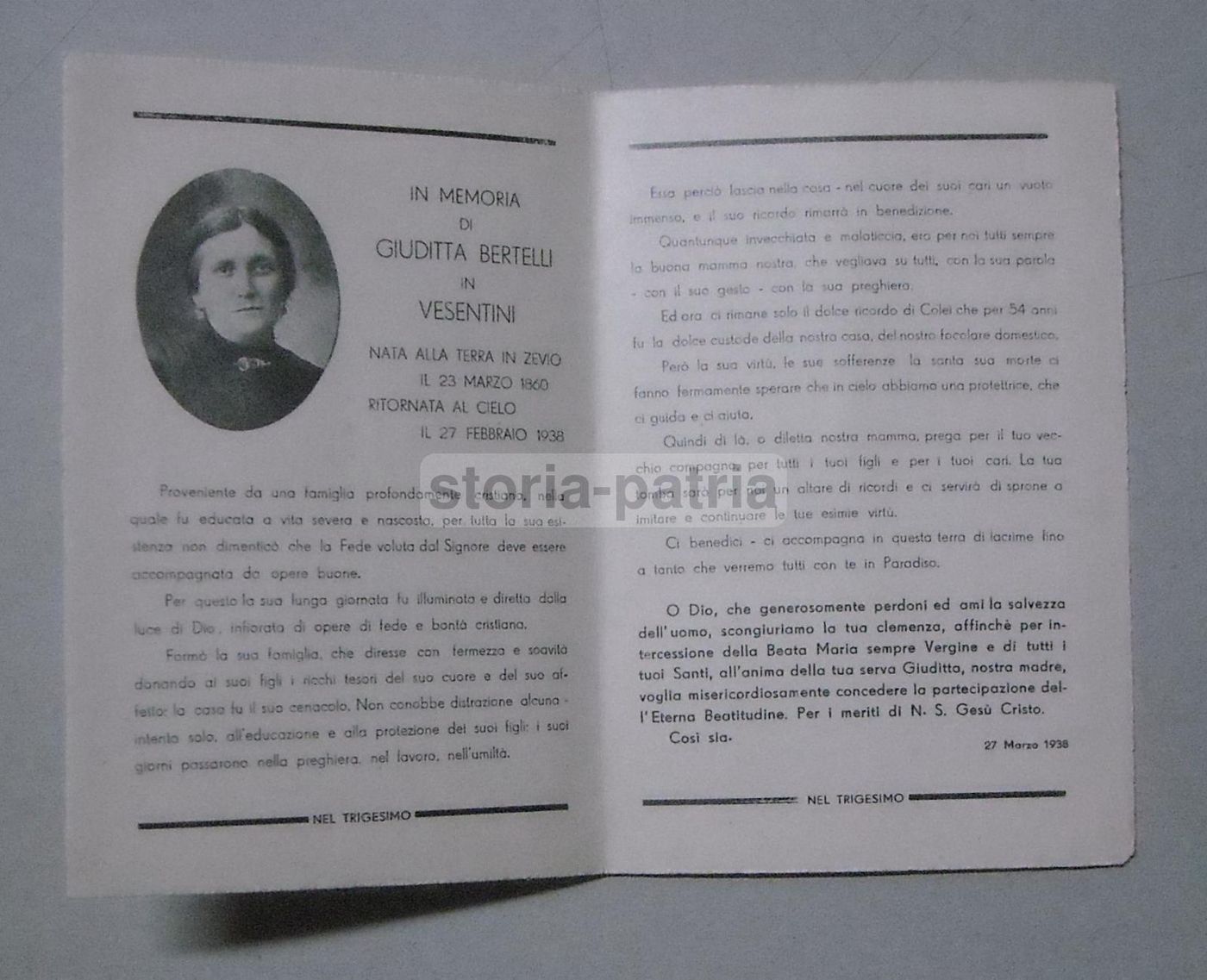 Necrologio Giuditta Bertelli Vesentini, Zevio 1938 Con Ritratto