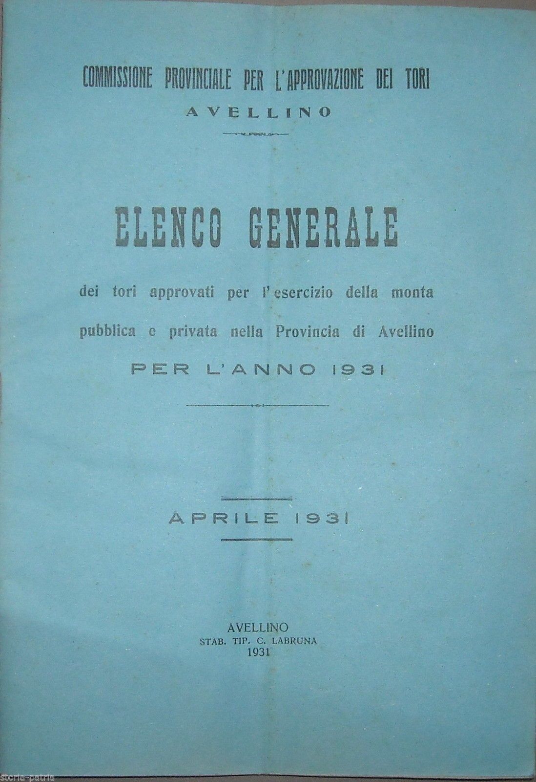 Elenco Generale Dei Tori Approvati Per La Monta, Provincia Di Avellino, 1931
