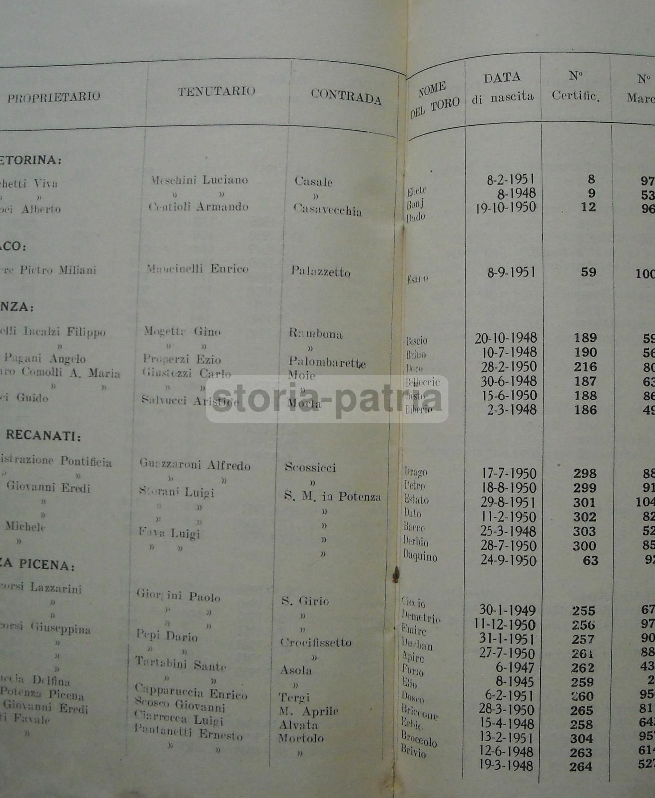 Elenco Tori Approvati Macerata 1953 Zootecnia Marche Proprietari