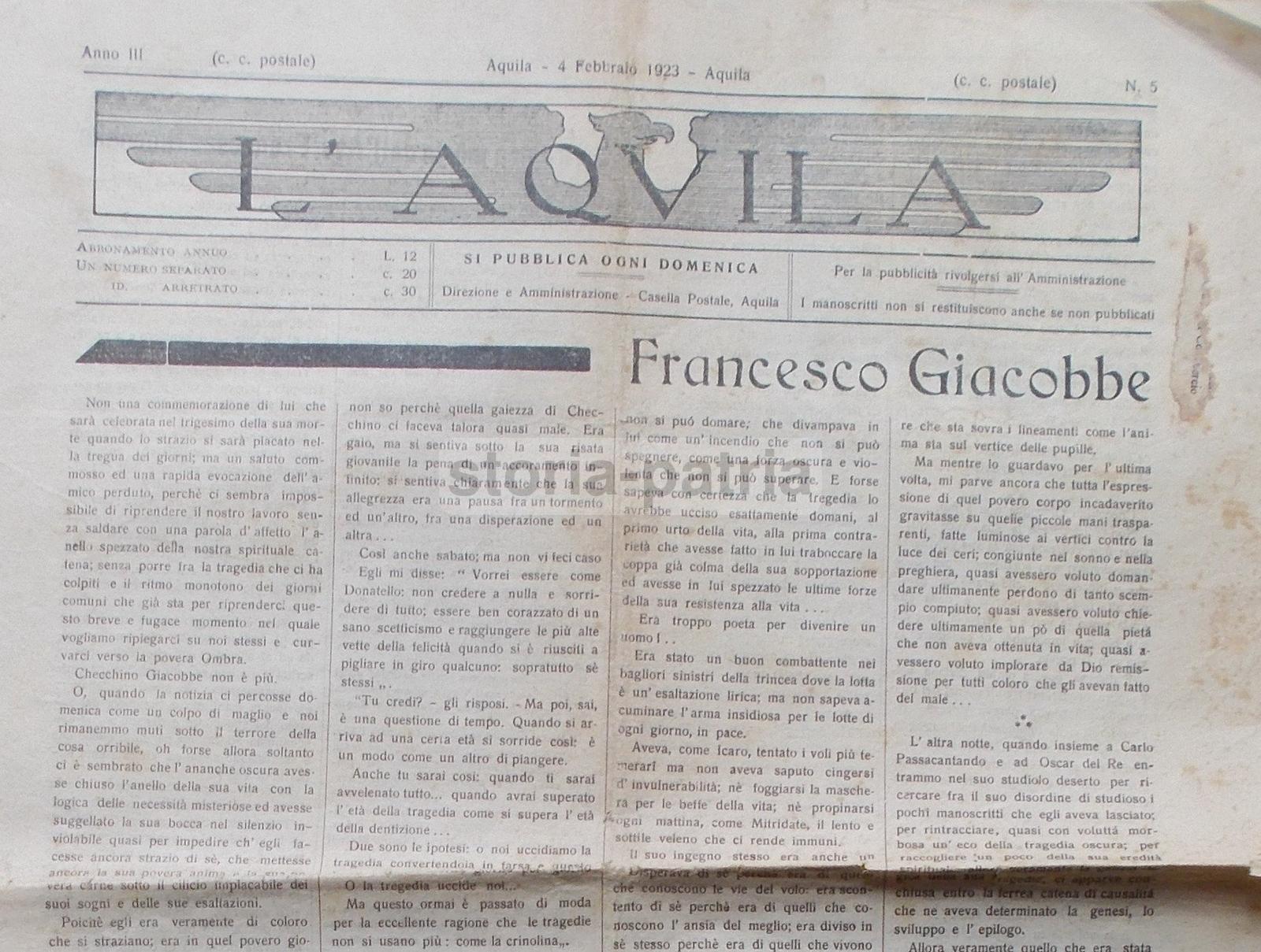 Abruzzo, Aquila, Antico Giornale Locale, Suicidio Giacobbe, Paganica, Rabizzati, Tione immagine 1